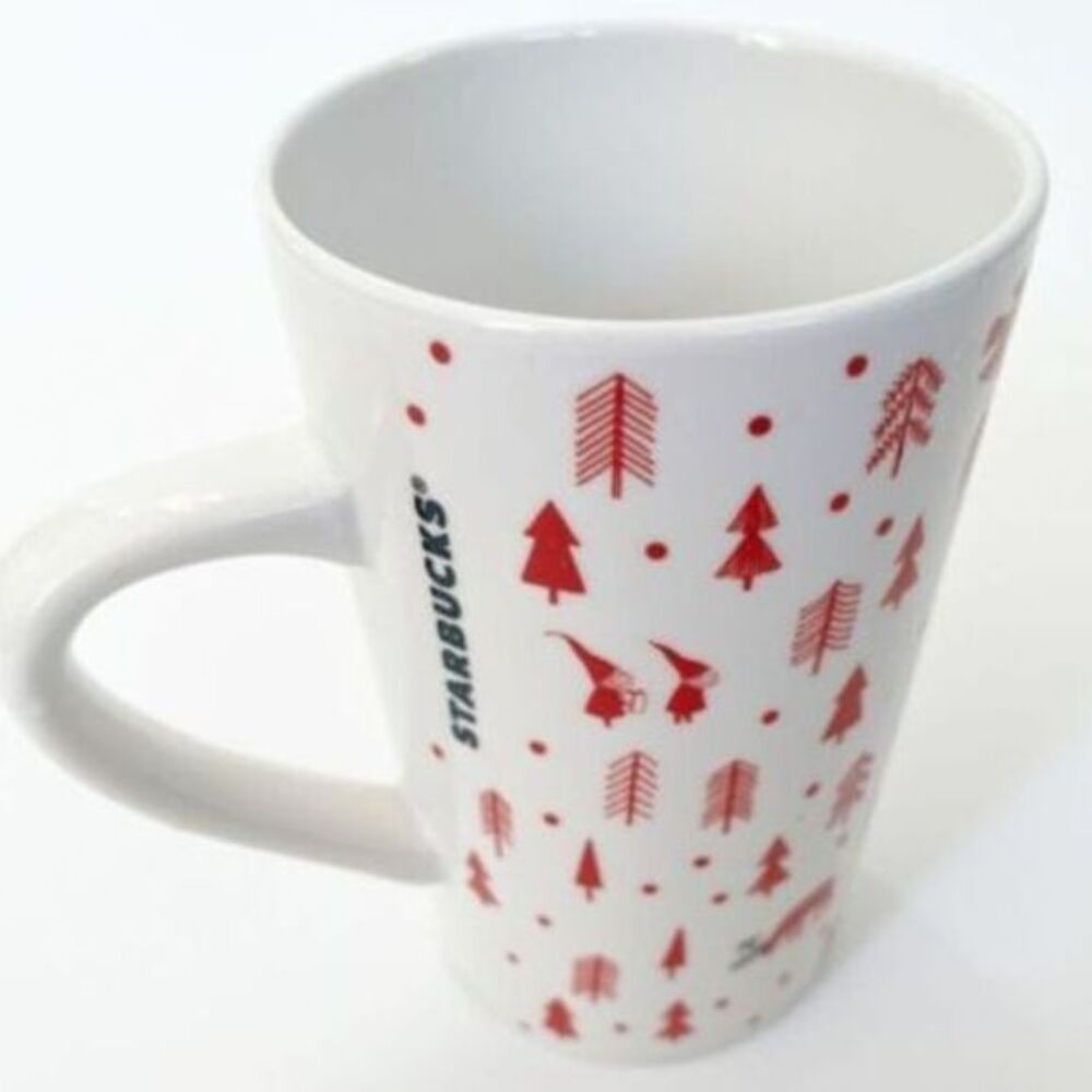 STARBUCKS Coffee Mug‎ Christmas Elves Reindeer Red White 16 oz Holiday Latte